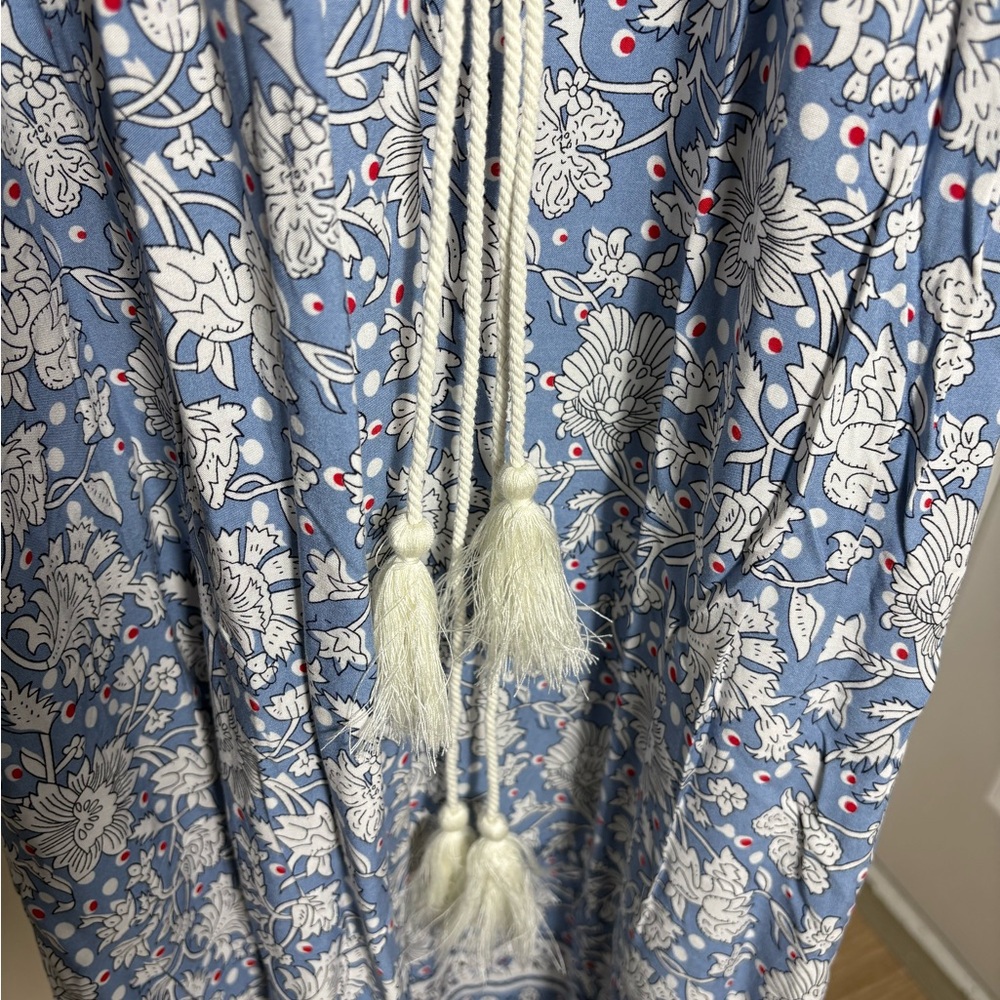 Blue Floral Maxi Dress XXL Cottagecore Tassel Tie Peasant Dress Flowy Romantic - Picture 4 of 8
